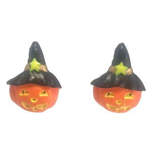 Cute Resin Pumpkin with Witch Hat Stud Earrings for Halloween Orange and Black